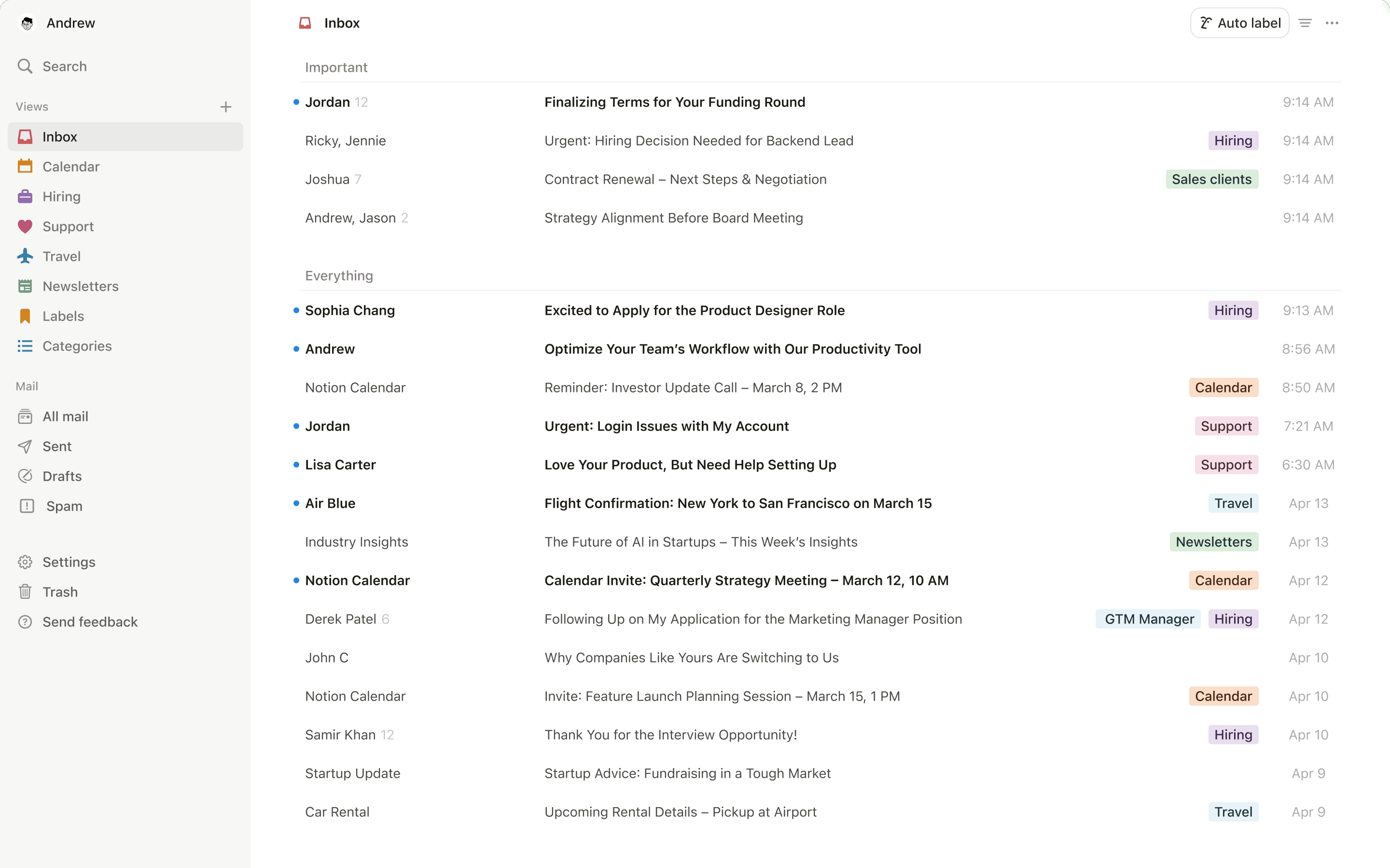 Tangkapan layar Notion Mail di desktop