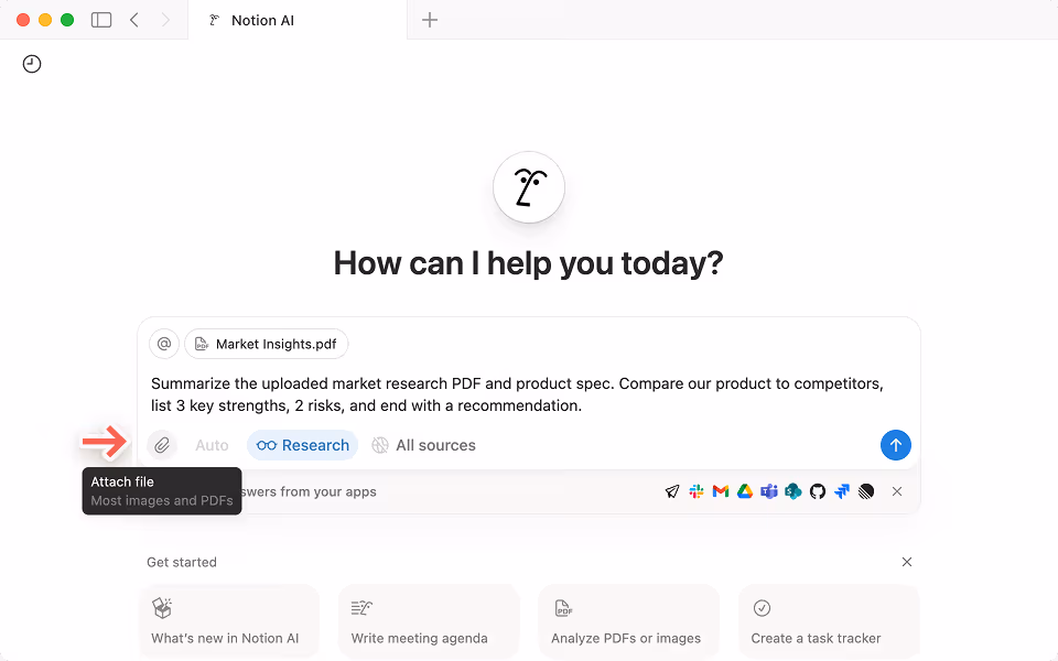 Upload market research, product specs, or snapshots for Research Mode to include in its output.