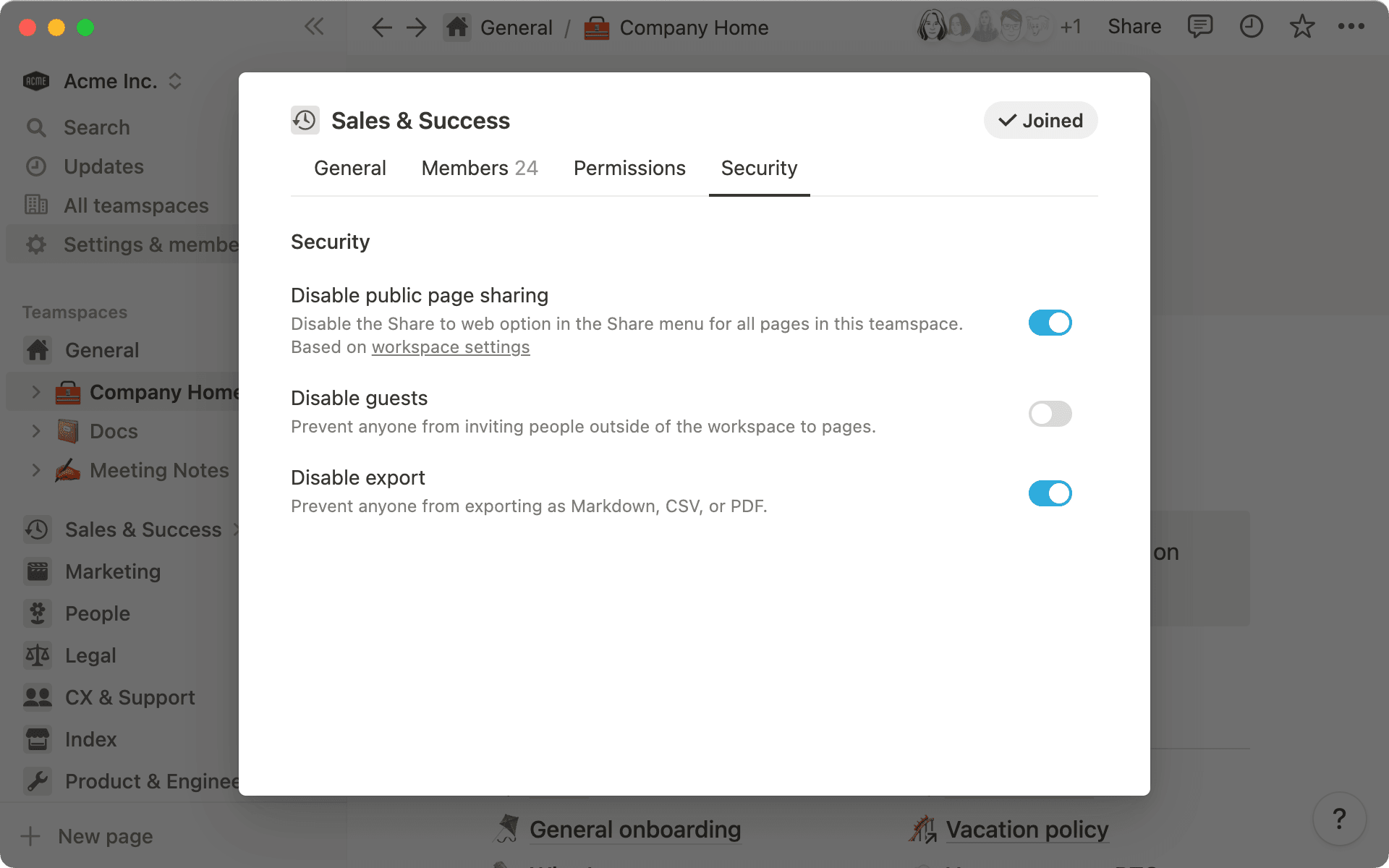 At the teamspace level, some settings will be based on workspace settings.