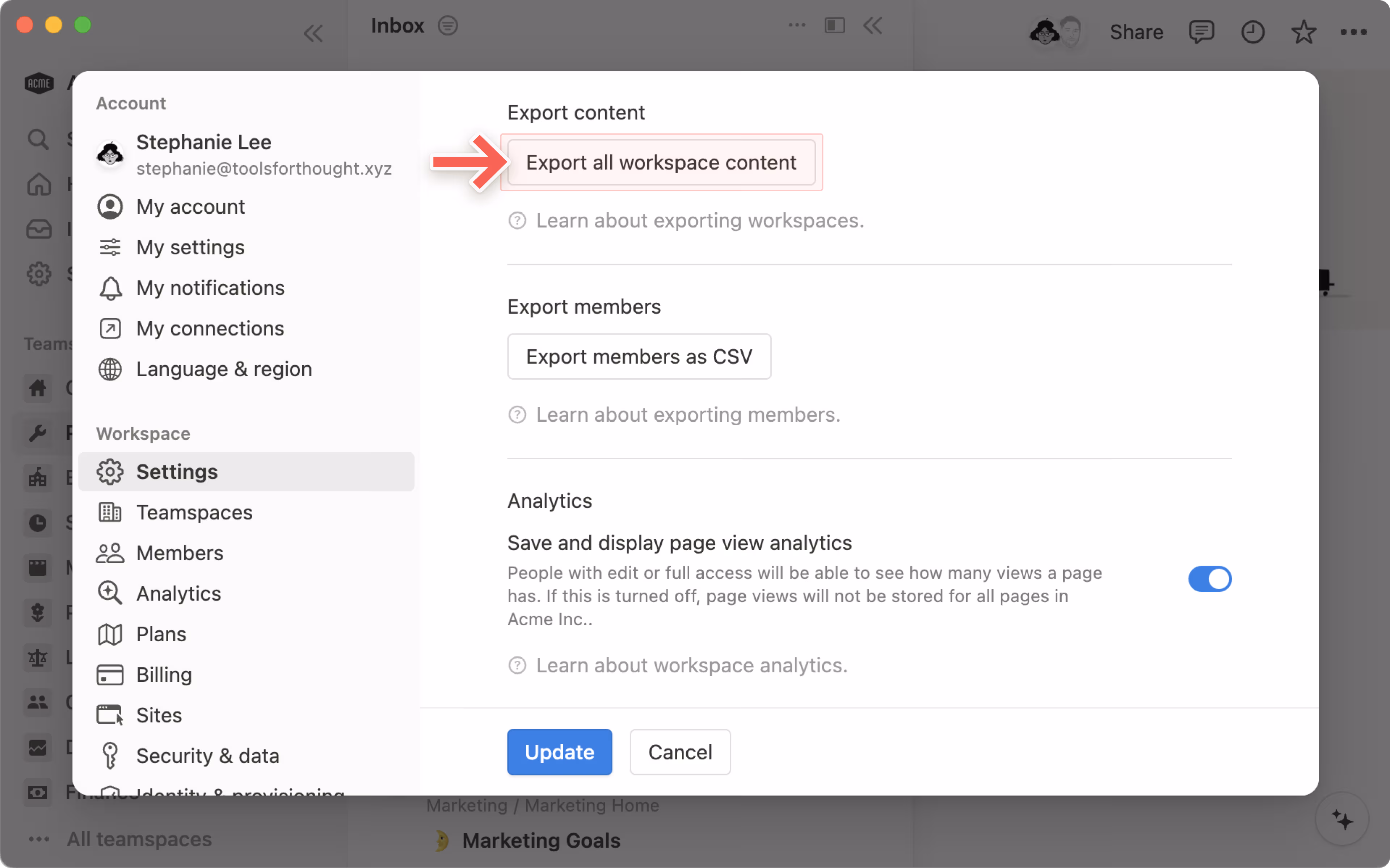 Workspace settings - export entire workspace